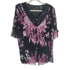 Appointments Floral Rhinestone Button Blouse Size 1X Black Pink Sheer Fairycore